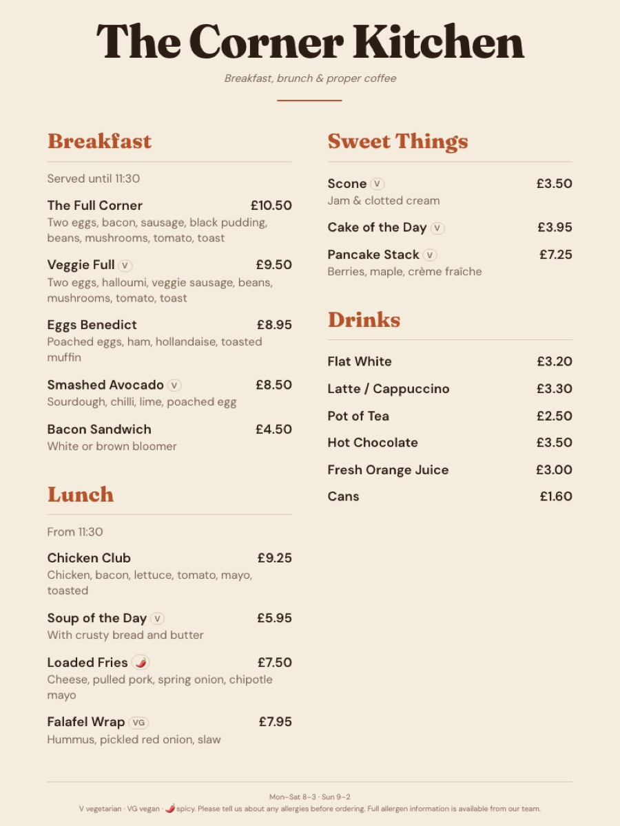 After: the same café menu redesigned by Pewter, clean and easy to read